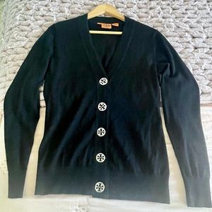 Tory Burch Merino Wool Black Cardigan with Logo Buttons